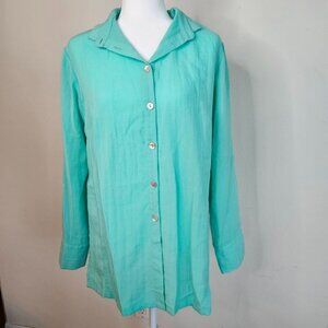 FRIDAZE Size Large Linen Wrinkle Resistant Redefined Tunic Turquoise Shirt